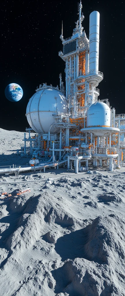 A grand panoramic view of a futuristic lunar base, sprawling across the rugged, cratered surface of the moon. The base is a marvel of engineering, with sleek metallic structures, towering observation domes, and interconnected corridors illuminated by a cold, bluish glow. Gigantic solar panels and communication arrays stretch towards the star-filled sky, while massive landing pads host advanced spacecraft. Robotic machines move efficiently along conveyor tracks, and luminous pipelines weave through the facility, emphasizing its mechanical sophistication. In the distance, Earth hangs in the sky, casting a faint glow over the scene. The composition captures the scale and intricacy of the base, blending awe-inspiring architecture with the stark beauty of the lunar landscape