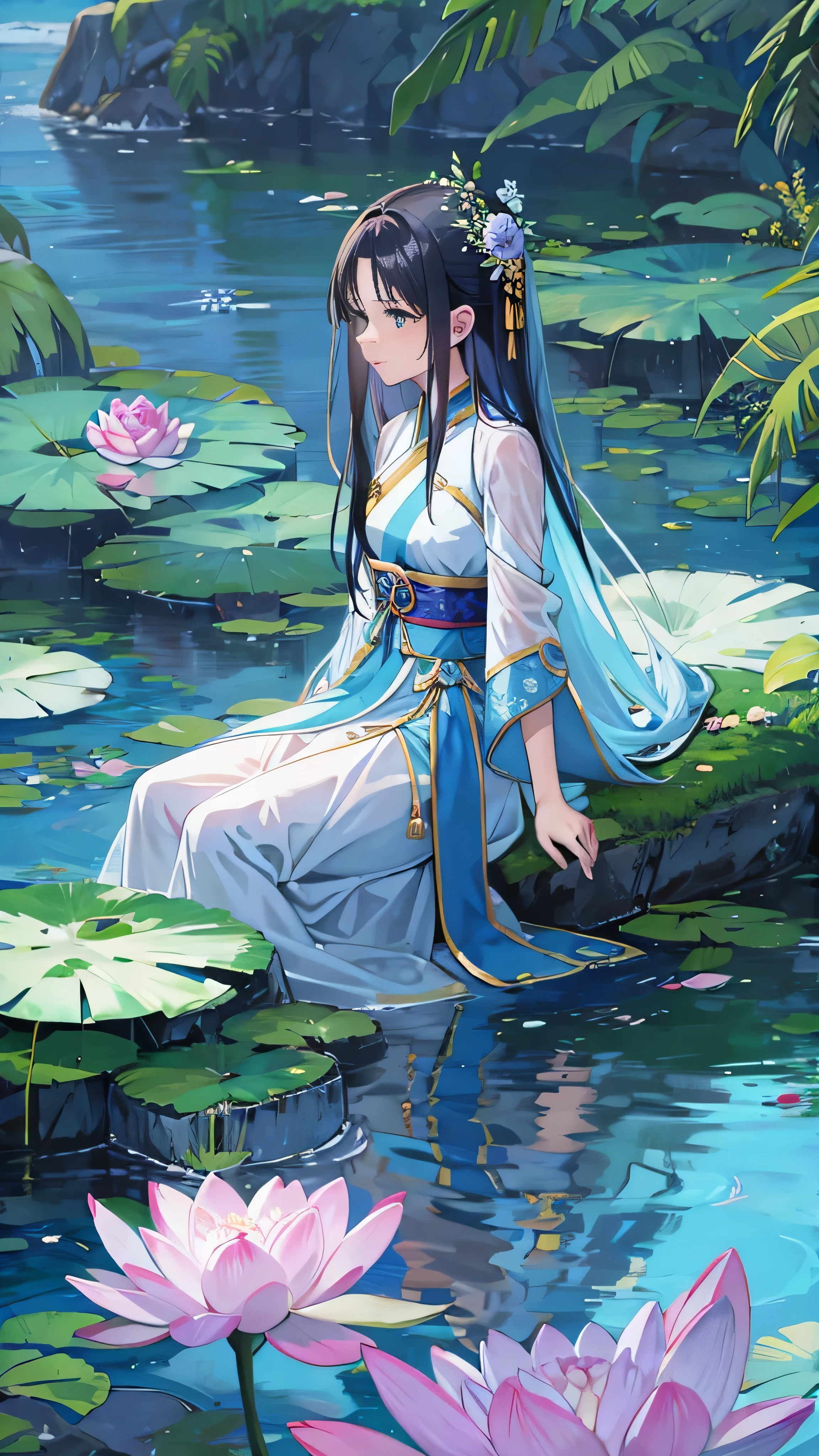 There is a blue dress, 16 long legs,  woman wearing a blue cheongsam sitting on a rock in the water, Standing gracefully on a lotus flower, celestial beauty, Unvolume , court, Girl in Hanfu, Unvolume , Summer is full of fairies, In the pond, White Hanfu, Beautiful young spiritual person, A loose dress, light blue,  hair behind ears   