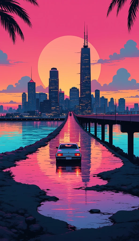 Synthwave style image of a city reflected almost perfectly in the ocean at night. on the line that divides the city and the ocean is a highway, where a car is passing through. the color is vividly displaying prominent neon-like pink, orange, and turquoise colors. moon and cloud can also be observed.