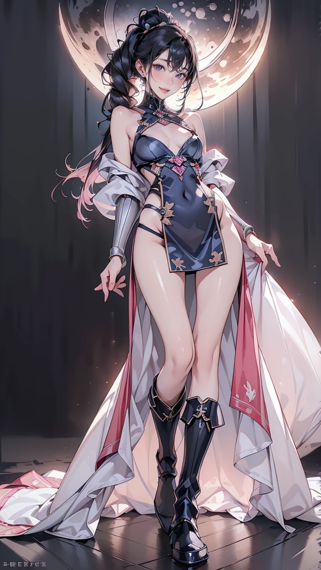 young girl, long pink hair, elf ears, red eyes, pink lipstick, crazy smile, small breasts, open shoulders, open belly, black mantle, long sleeves, claws, Shorts, Masterpiece, hiquality