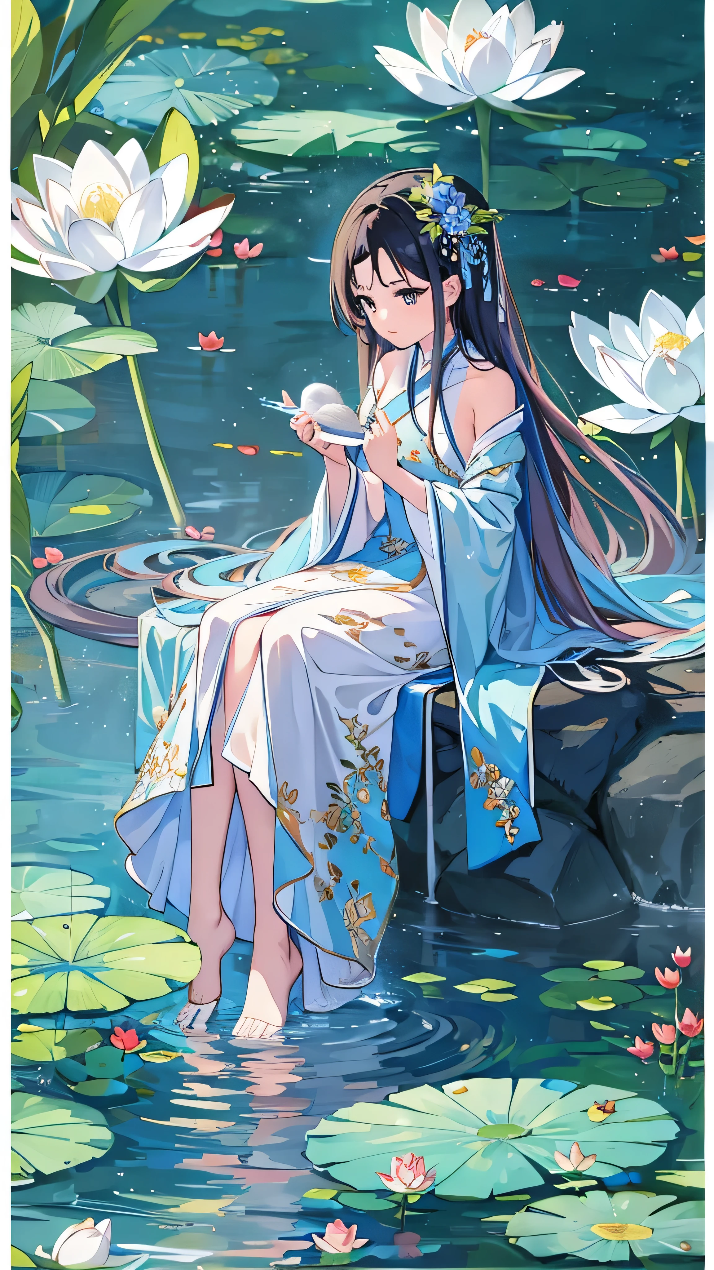 There is a blue dress, 16 long legs,  woman wearing a blue cheongsam sitting on a rock in the water, Standing gracefully on a lotus flower, celestial beauty, Unvolume , court, Girl in Hanfu, Unvolume , Summer is full of fairies, In the pond, White Hanfu, Beautiful young spiritual person, A loose dress, light blue,  hair behind ears   