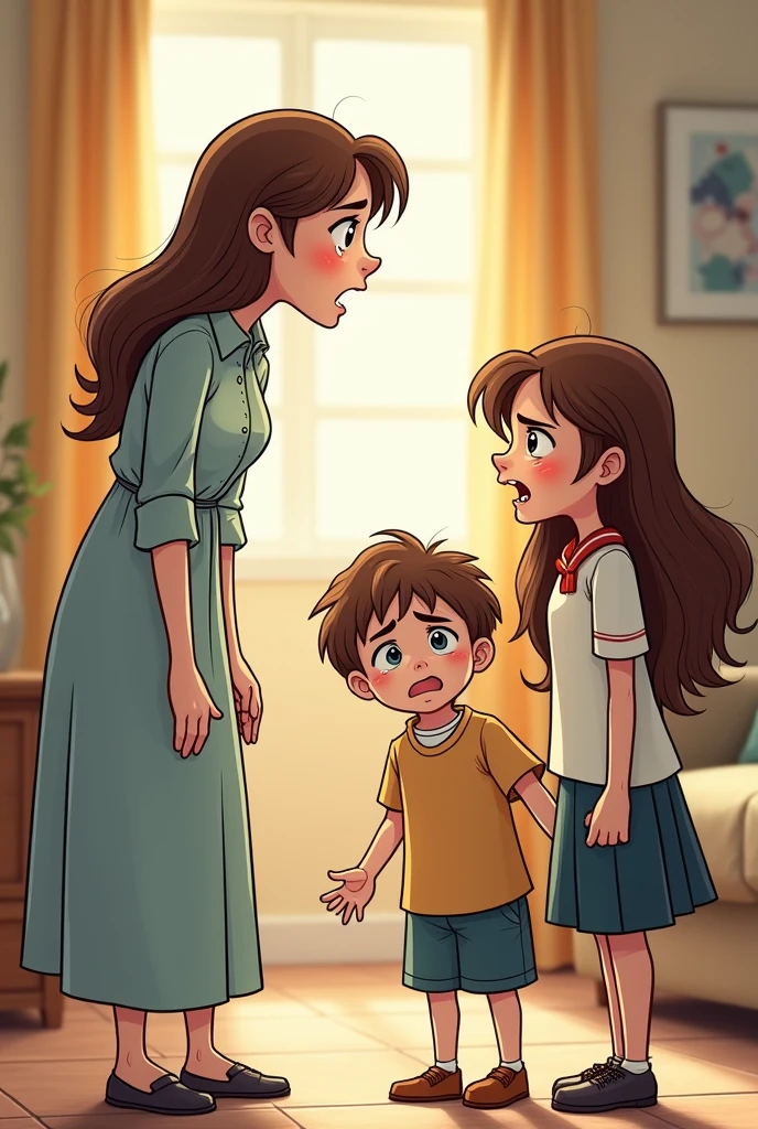 An elementary school student who gets scolded by their mother for bedwetting.、Schoolchildren are crying、A bed that has been wet with urine、Mom in her 40s