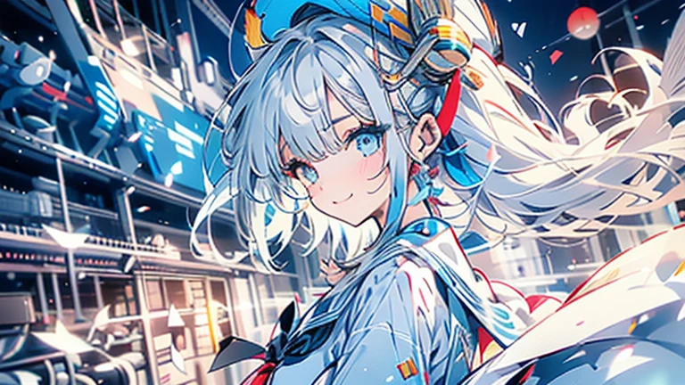 white hair and light blue hair, ahoge, shiny hair, floating hair, half updo, sailor hat, mole under eye, mismatched pupils, light smile, smile, anime, anime style, character chart, tachi-e, from above, UHD, retina, masterpiece, accurate, anatomically correct, super detail, high details, high quality, award winning, best quality, highres, 1080P, 16k,sailor hat is a hat worn by sailors. Also, a 's hat that imitates this. The top is flat and has no eaves, with a ribbon wrapped around the edge and the end hanging behind.She wears clothes called sailor uniforms, which are tops with distinctively shaped large collars called sailor collars. It is a military uniform for sailors and is used by the navies of various countries.she is on a large warship called a battleship, which has great offensive and defensive power.