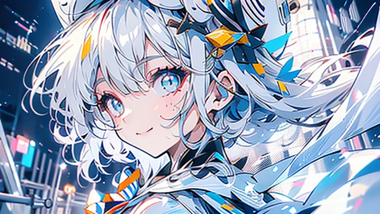 white hair and light blue hair, ahoge, shiny hair, floating hair, half updo, sailor hat, mole under eye, mismatched pupils, light smile, smile, anime, anime style, character chart, tachi-e, from above, UHD, retina, masterpiece, accurate, anatomically correct, super detail, high details, high quality, award winning, best quality, highres, 1080P, 16k,sailor hat is a hat worn by sailors. Also, a 's hat that imitates this. The top is flat and has no eaves, with a ribbon wrapped around the edge and the end hanging behind.She wears clothes called sailor uniforms, which are tops with distinctively shaped large collars called sailor collars. It is a military uniform for sailors and is used by the navies of various countries.she is on a large warship called a battleship, which has great offensive and defensive power.