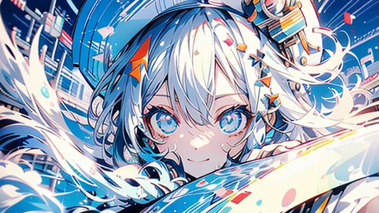 white hair and light blue hair, ahoge, shiny hair, floating hair, half updo, sailor hat, mole under eye, mismatched pupils, light smile, smile, anime, anime style, character chart, tachi-e, from above, UHD, retina, masterpiece, accurate, anatomically correct, super detail, high details, high quality, award winning, best quality, highres, 1080P, 16k,sailor hat is a hat worn by sailors. Also, a 's hat that imitates this. The top is flat and has no eaves, with a ribbon wrapped around the edge and the end hanging behind.She wears clothes called sailor uniforms, which are tops with distinctively shaped large collars called sailor collars. It is a military uniform for sailors and is used by the navies of various countries.she is on a large warship called a battleship, which has great offensive and defensive power.