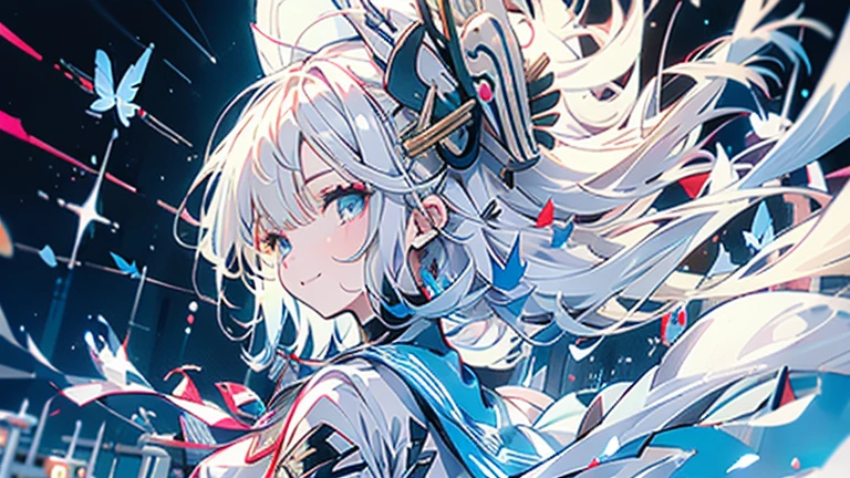 white hair and light blue hair, ahoge, shiny hair, floating hair, half updo, sailor hat, mole under eye, mismatched pupils, light smile, smile, anime, anime style, character chart, tachi-e, from above, UHD, retina, masterpiece, accurate, anatomically correct, super detail, high details, high quality, award winning, best quality, highres, 1080P, 16k,sailor hat is a hat worn by sailors. Also, a 's hat that imitates this. The top is flat and has no eaves, with a ribbon wrapped around the edge and the end hanging behind.She wears clothes called sailor uniforms, which are tops with distinctively shaped large collars called sailor collars. It is a military uniform for sailors and is used by the navies of various countries.she is on a large warship called a battleship, which has great offensive and defensive power.