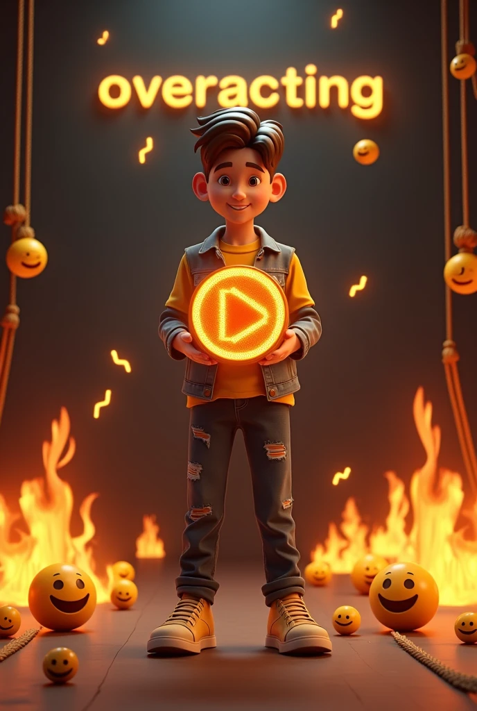 3D illustration of a man .
A boy should have a golden play button in his hand. And the background should be black with fire above his head and "Overacting Fire" written on it. And the boy should be 18 years old. On his feet, a smiley emoji in a yellow shirt, a jeans jacket and many ropes hanging on the site. Many smiley emojis and many lighting smiley emojis should be hanging. The yellow emojis should be in the media position, another fire should be below and the floor should be in the middle.