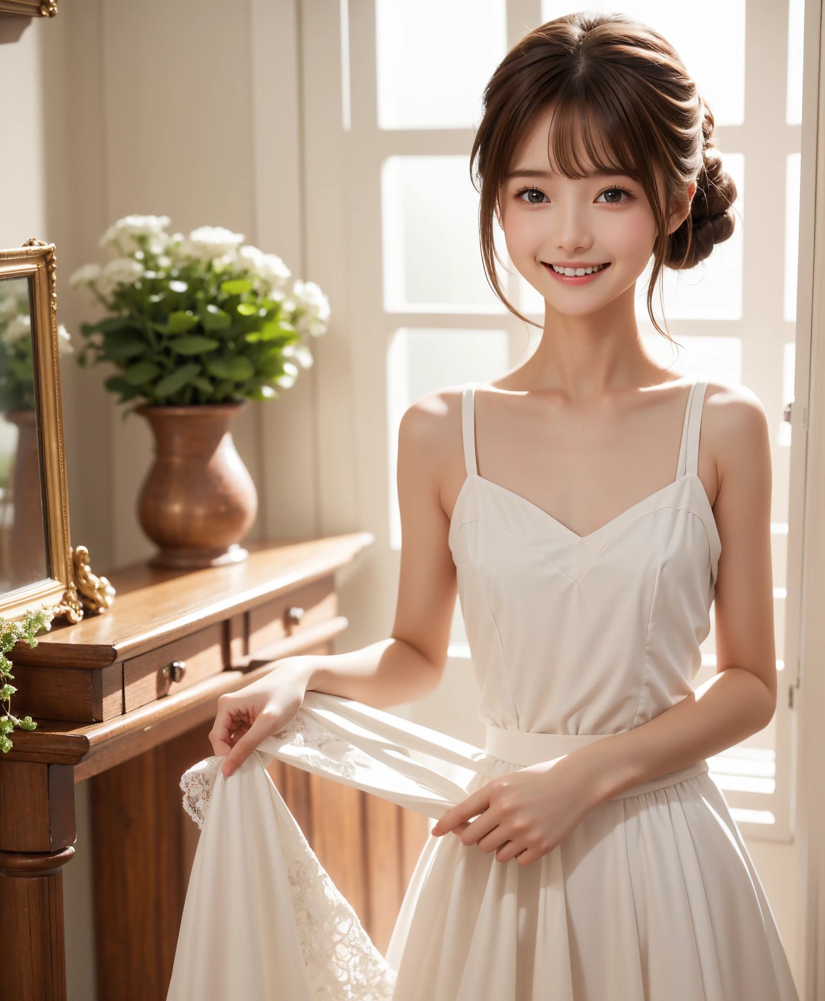 Maid,cute pretty girl,masterpiece,high definition,4k,8k,16k,chignon hair,brown hair,skinny,thin body,smile