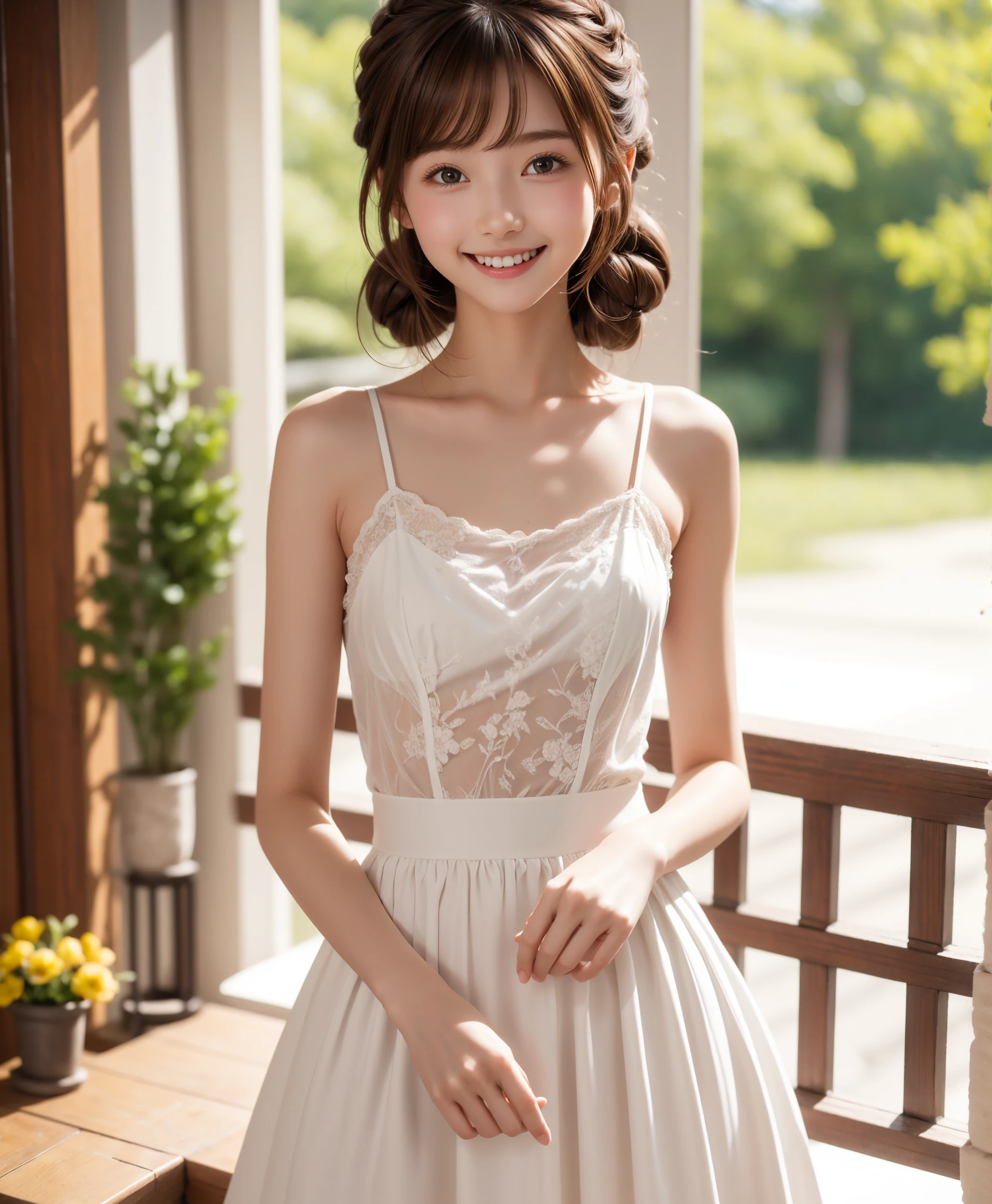 Maid,cute pretty girl,masterpiece,high definition,4k,8k,16k,chignon hair,brown hair,skinny,thin body,smile