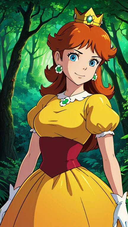 (1girl, princess daisy), (extremely detailed CG unit 8k wallpaper),(master part), (best quality), (ultra detail), (best illustration),(ghibli style), cowboy shot, standing, facing viewer, looking at viewer, perfect face, perfect eyes, perfect fingers, (Sharp eyeliner, ombre, detailed eyes:1), digital art, Deep in the forest,Deep green forest,beautiful forest,Low light, break , upper body, solo, smile, (blue eyes, long hair, orange hair, crown, daisy, dress, flower, gem, gloves, orange dress, puffy short sleeves, puffy sleeves, short sleeves, white gloves)