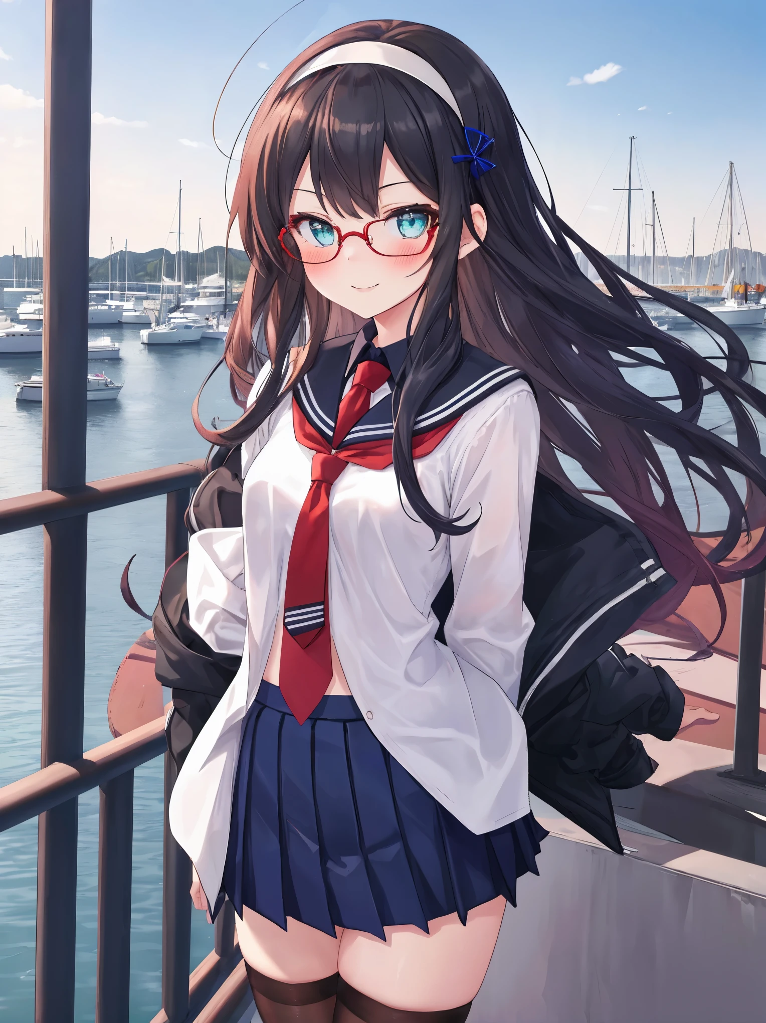 best quality, masterpiece, highres, solo, {ooyodo_kantaicollection:1.15}, black_hair, long_hair, glasses, hairband, semi-rimless_eyewear, under-rim_eyewear, blue_eyes, green_eyes, blush,small_breasts, 1girl, school_uniform, serafuku, pleats_skirt, looking_at_viewer, necktie, harbor_town_background, red_necktie,(angry:0.7),smile,,thigh-highs,solo