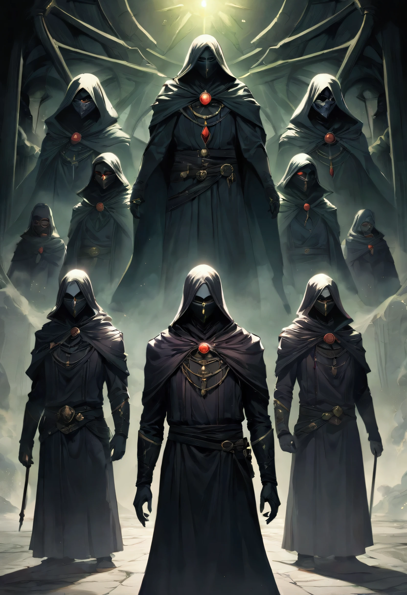 Concept art featuring a mysterious secret society, their members shrouded in darkness, each wearing unique masks, united in their mission to destroy evil forces.