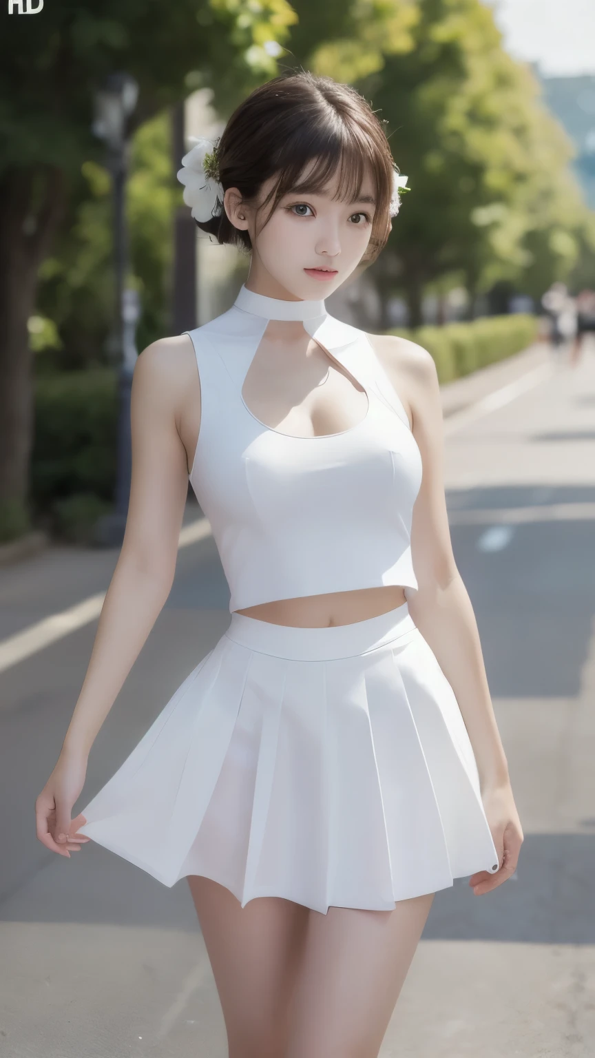  super high definition 、 REAL PHOTO、( Extremely High Definition CG Unity 8K Wallpaper、masterpiece)、(Best lighting、 vest shadow 、 very delicate and beautiful)、(1 android girl)、 short hair and baby face 、 Petite Body Size 、 Large White Round Headphones 、White choker、 The white bodysuit looks like a high leg swimsuit and wears a super mini flared skirt、 white leg ring on left thigh 、 Detailed Mechanics and Sophisticated Design 、Slender legs 、 White Short Boots 、 Ergonomically Correct and Beautiful Design 、Battle Regime Pose 、 Exciting Cute 、