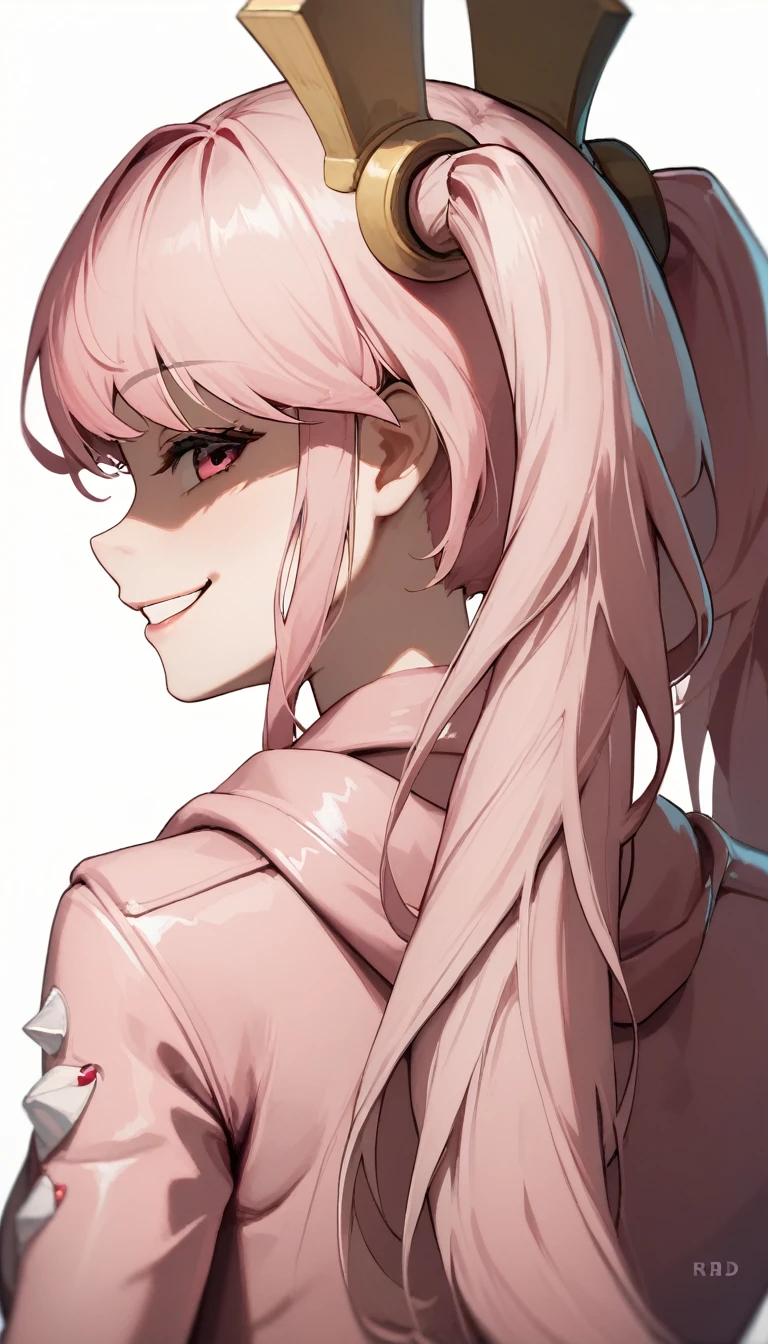 masterpiece, best quality, absurdres,wallpaper,4k,highres,light smile,(evil smile, shaded face:1.2),
1girl, rnd1, pink hair, twintails, long hair, pink shirt, (pink hooded jacket:1.2), open jacket,
(white background:1.4),(upper body, from behind:1.6), looking back,