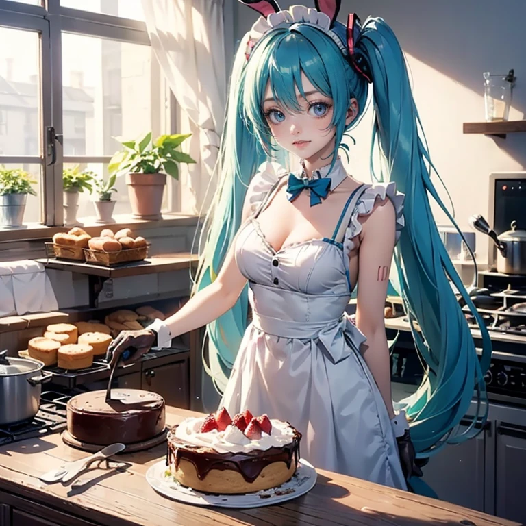 Cute dressed in a costume with a rabbit ears and a bow, hatsune miku, miku, mikudayo, vocaloid, anime girl in a maid costume, maid dress, portrait of hatsune miku, fluffy hat, pom pom, white apron, gloves, twintails, aqua hair, 1girl, dress, kitchen, cooking a cake, bakery utensils, solo, flowing hair, floating hair, ornament hair, perfectly body, perfectly hands, on kitchen, strawberry's, centered girl, maid dress, more details on her clothes, dress with transparency, soft pink details, daylight, smiling, cape, ((4k, masterpiece, top-quality)),8k, best quality, high resolution, HD, (illustration:0.8), super cute girl, delicate and beautiful face, mature girl, super cute hairstyle, (beautiful detailed eyes:1.6), extremely detailed face, perfect lighting, extremely detailed CG, (perfect hands, perfect anatomy), Best quality, cleavage, small skirt, full Body,