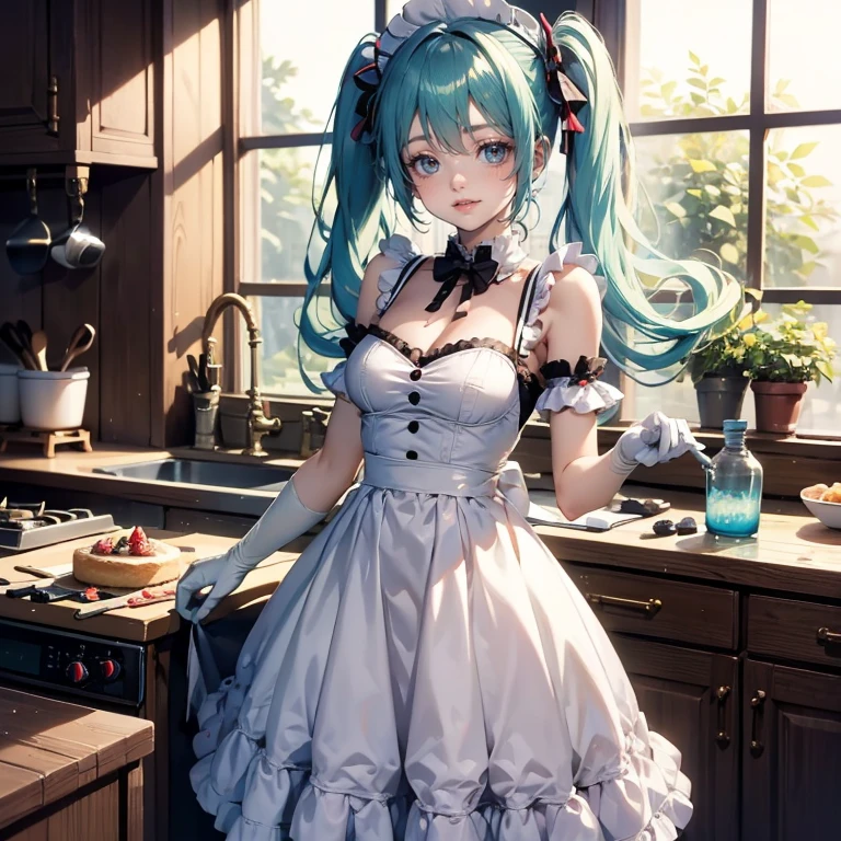 Cute dressed in a costume with a rabbit ears and a bow, hatsune miku, miku, mikudayo, vocaloid, anime girl in a maid costume, maid dress, portrait of hatsune miku, fluffy hat, pom pom, white apron, gloves, twintails, aqua hair, 1girl, dress, kitchen, cooking a cake, bakery utensils, solo, flowing hair, floating hair, ornament hair, perfectly body, perfectly hands, on kitchen, strawberry's, centered girl, maid dress, more details on her clothes, dress with transparency, soft pink details, daylight, smiling, cape, ((4k, masterpiece, top-quality)),8k, best quality, high resolution, HD, (illustration:0.8), super cute girl, delicate and beautiful face, mature girl, super cute hairstyle, (beautiful detailed eyes:1.6), extremely detailed face, perfect lighting, extremely detailed CG, (perfect hands, perfect anatomy), Best quality, cleavage, small skirt, full Body,