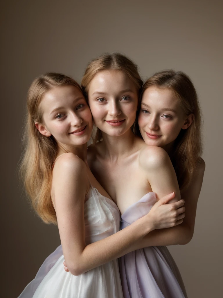 3 beautiful young girls hugging, vêtue d'une robe blanche posant pour une photo, éthéré beauty, dreamy and éthéré, éthéré and dreamy, éthéré!!!!!!!, soft éthéré lighting, éthéré fairytale, very éthéré, incredibly éthéré,  vêtu d'une robe en organza , éthéré!!!, inspiré par Yanjun Cheng, éthéré lighting - h 0, éthéré and dreamy theme, robe voile élégante et douce hugging each other from above view, a girl whispering into a girls, ear from behind , smell breast (best quality,4k,8k,highres,masterpiece:1.2),ultra-detailed,(realistic,photorealistic,photo-realistic:1.37),portrait,chiaroscuro lighting,soft pastel colors,dreamy atmosphere
