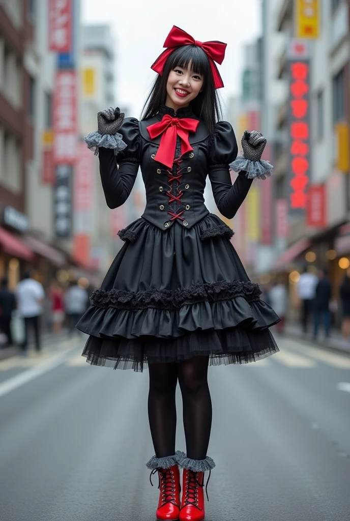 Photographic, real picture. Full body visible to viewer ((Gorgeous Asian woman)), ((25 years young)) wearing a ((black/gray, ruffled frilly Gothic ****ta dress! example- harajuku style)) Red Bows in hair, FRONT BANGS! Gray frilly lace gloves. Black thigh high stockings. 
((RED CHUNKY HEEL PLATFORM ANKLE BOOTS!!!)). ((Big brown eyes ("right eye->WINKING")) huge smile and red lips.  Black eye-liner, dark eyeshadow. 
 Both fists clenched- right arm straight upward, left arm out forward and bent at elbow fist upward, right leg standing upright, left leg knee bent foot facing backwards.   (entire body facing viewer), looking at viewer. Head slightly tilted to side. In the middle of a city street (no-one else aroundb) 