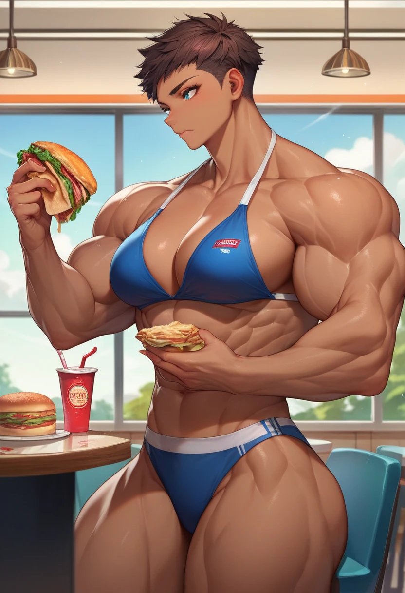 very big power house muscle woman big biceps eats food bikini