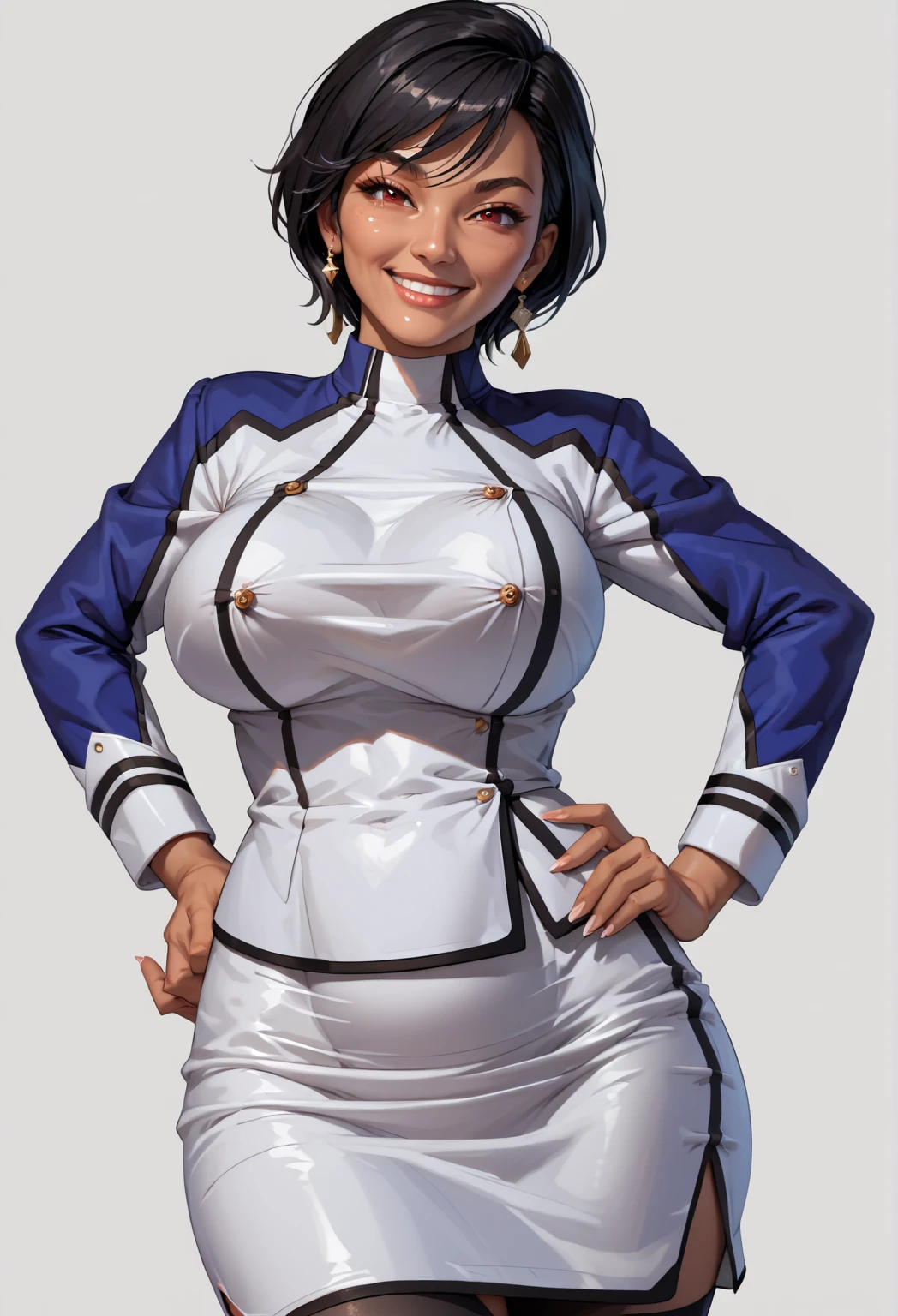 score_9, score_8_up, score_7_up, score_6_up, uncensored, rating_safe, BREAK,1 girl, mature female, tanned skin, black hair, red eyes,purple and white uniform, white skirt, black thighhighs, pencil skirt, thighs, cowboy shot, solo focus, solo, smile, large breasts, thighs, transparent background, hands on hip,