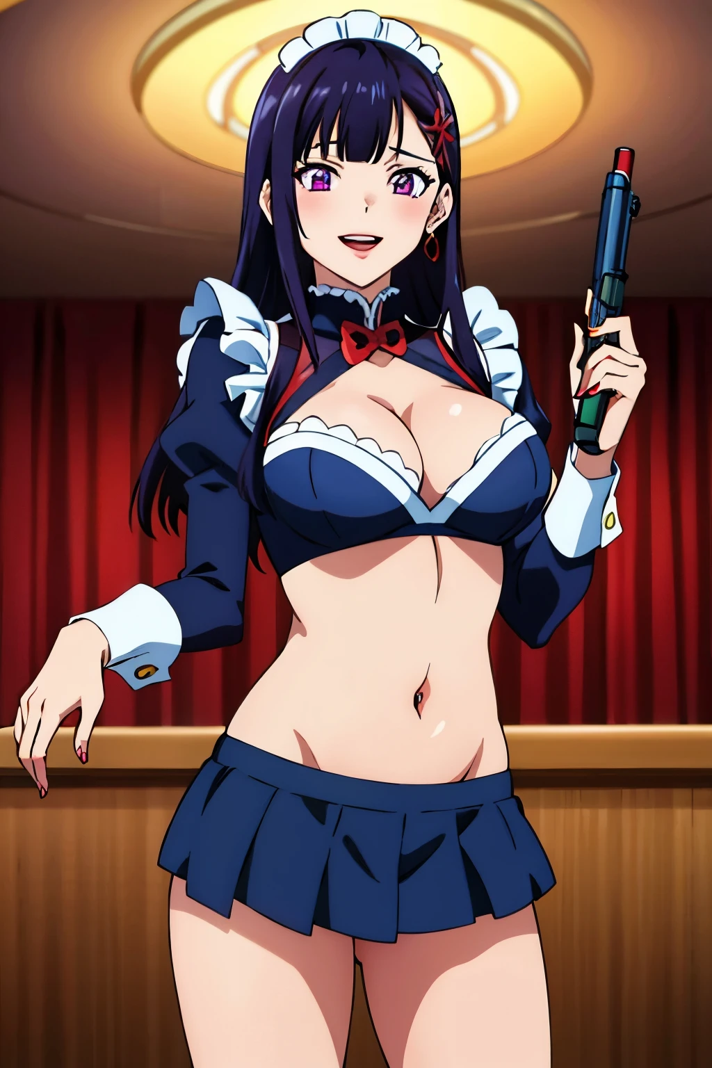 1girl, kanzaki rin,, standing,
deep purple eyes, dark purple hair, long hair, medium breast, ear piercing, long hair, blush, lipstick,Hot girl, baddie, staring, glaring, bad attitude, mean girl, dare, angry, hate, crazy, smoking, sensual, attractive ,jewelry, earrings, complex detailed background, casino environment, fancy interior environment, rich
interior, masterpiece, best quality, highly detailed, a anime girls in maid uniforms with a gun posing for a
picture, maid outfit, cleavage, evil smile, smile, open mouth ,ecchi anime style, anime girls, ecchi style,
ecchi, digital anime art!!, in anime style, official artwork, (nsfw) not safe for work, beautiful anime maid
girl, anime style 4 k, micro skirt, exposed belly, exposed navel, exposed midriff, exposed lower belly,
holding a gun,