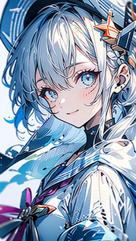 white hair and light blue hair, ahoge, shiny hair, floating hair, half updo, sailor hat, mole under eye, mismatched pupils, light smile, smile, anime, anime style, character chart, tachi-e, from above, UHD, retina, masterpiece, accurate, anatomically correct, super detail, high details, high quality, award winning, best quality, highres, 1080P, 16k,sailor hat is a hat worn by sailors. Also, a 's hat that imitates this. The top is flat and has no eaves, with a ribbon wrapped around the edge and the end hanging behind.She wears clothes called sailor uniforms, which are tops with distinctively shaped large collars called sailor collars. It is a military uniform for sailors and is used by the navies of various countries.she is on a large warship called a battleship, which has great offensive and defensive power.