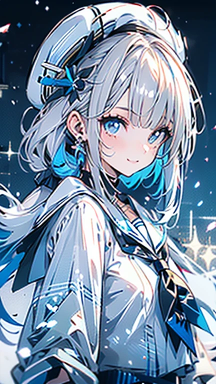 white hair and light blue hair, ahoge, shiny hair, floating hair, half updo, sailor hat, mole under eye, mismatched pupils, light smile, smile, anime, anime style, character chart, tachi-e, from above, UHD, retina, masterpiece, accurate, anatomically correct, super detail, high details, high quality, award winning, best quality, highres, 1080P, 16k,sailor hat is a hat worn by sailors. Also, a 's hat that imitates this. The top is flat and has no eaves, with a ribbon wrapped around the edge and the end hanging behind.She wears clothes called sailor uniforms, which are tops with distinctively shaped large collars called sailor collars. It is a military uniform for sailors and is used by the navies of various countries.she is on a large warship called a battleship, which has great offensive and defensive power.