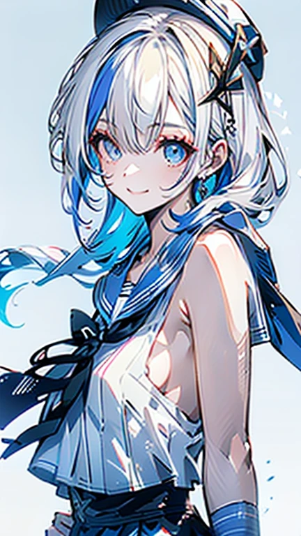 white hair and light blue hair, ahoge, shiny hair, floating hair, half updo, sailor hat, mole under eye, mismatched pupils, light smile, smile, anime, anime style, character chart, tachi-e, from above, UHD, retina, masterpiece, accurate, anatomically correct, super detail, high details, high quality, award winning, best quality, highres, 1080P, 16k,sailor hat is a hat worn by sailors. Also, a 's hat that imitates this. The top is flat and has no eaves, with a ribbon wrapped around the edge and the end hanging behind.She wears clothes called sailor uniforms, which are tops with distinctively shaped large collars called sailor collars. It is a military uniform for sailors and is used by the navies of various countries.she is on a large warship called a battleship, which has great offensive and defensive power.