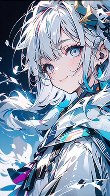 white hair and light blue hair, ahoge, shiny hair, floating hair, half updo, sailor hat, mole under eye, mismatched pupils, light smile, smile, anime, anime style, character chart, tachi-e, from above, UHD, retina, masterpiece, accurate, anatomically correct, super detail, high details, high quality, award winning, best quality, highres, 1080P, 16k,sailor hat is a hat worn by sailors. Also, a 's hat that imitates this. The top is flat and has no eaves, with a ribbon wrapped around the edge and the end hanging behind.She wears clothes called sailor uniforms, which are tops with distinctively shaped large collars called sailor collars. It is a military uniform for sailors and is used by the navies of various countries.she is on a large warship called a battleship, which has great offensive and defensive power.