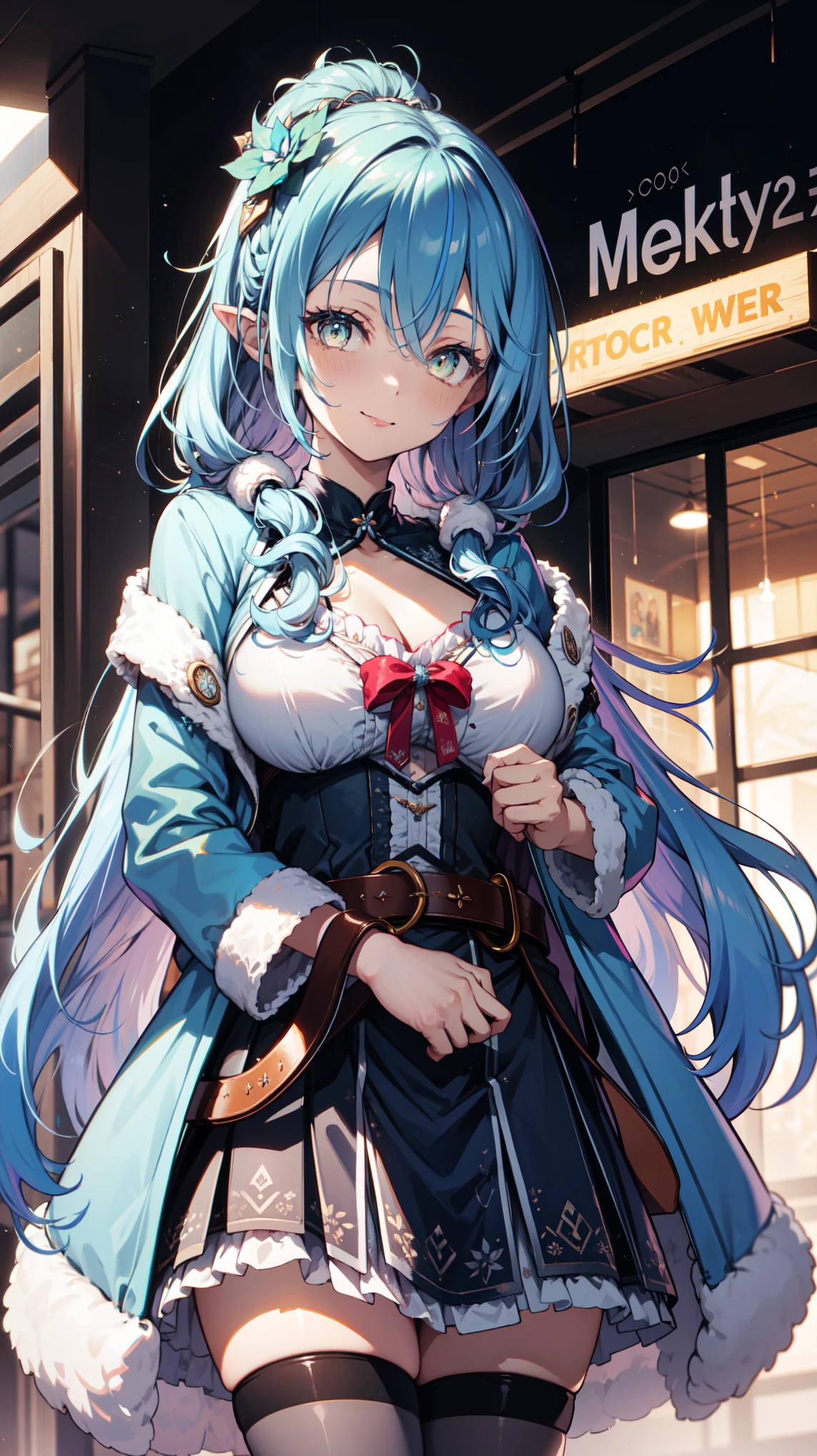 desktop, top quality , shape, super detailed , Finely, High Resolution , 8K Wallpaper, 完璧なダイナミックな構shape, beautiful and meticulous eyes , Assistant suit ,belt,,Tights, pantyhose ,Short skirt, cute shape, small breasts, random sexy pose,Lovely smile,Big cities、20-year-old girl、 Beautiful and Detailed Face 、Flawless face, big eyes、 Wear a fluffy black coat with fur、 beautiful delicate face 、 Perfect and Beautiful Double Eyelids 、 Blur Background 、Flawless face、Female pose、 Blur Background