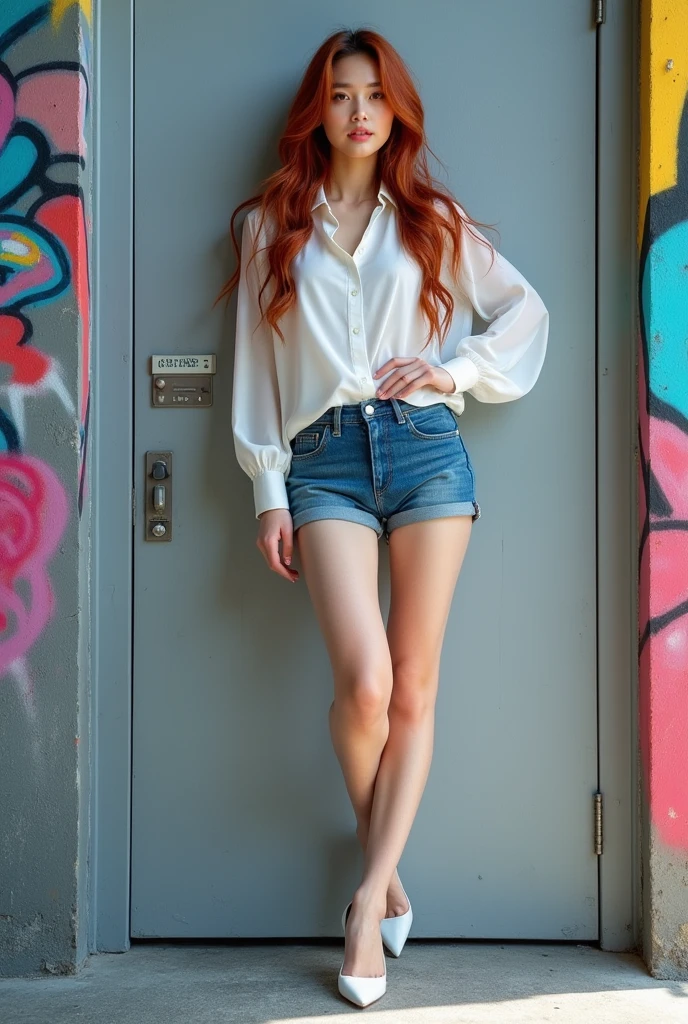hot 18 year old girl, with pigtails, red hair, busty, nice round butt, skinny, short, light blue bra, blue jeans, in her large bedroom, sexy legs. Bending over her bed