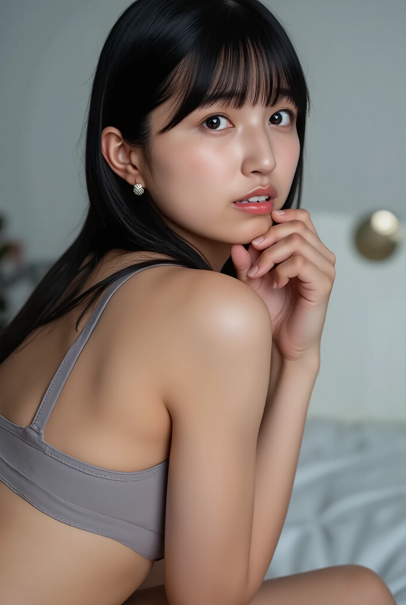 A high resolution photograph of a young Japanese woman, intricate details, professional lighting, sharp focus, solo, 1girl, lying in the bed on stomach at luxury hotel room in night, posing for gravure photography, sensual posture, after sex, (completely nude, naked, back view, ass focus,  muscular back, looking back, facing viewer, view from above:1.2), slender body, fair skin, detailed face, detailed eyes, sophisticated nose, (perfect hand, perfect anatomy, correct anatomy), ashamed, lewdlook, 