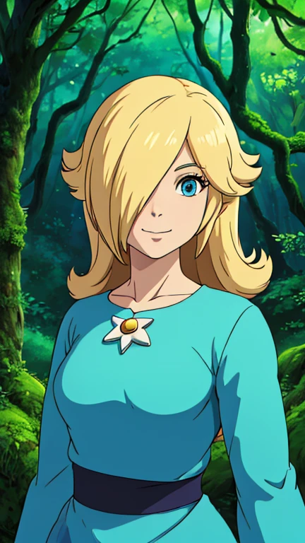 (1girl, rosalina), (extremely detailed CG unit 8k wallpaper),(master part), (best quality), (ultra detail), (best illustration),(ghibli style), cowboy shot, standing, facing viewer, looking at viewer, perfect face, perfect eyes, perfect fingers, (Sharp eyeliner, ombre, detailed eyes:1), digital art, Deep in the forest,Deep green forest,beautiful forest,Low light, break , upper body, solo, smile, (blonde hair, blue eyes, hair over one eye, long hair)