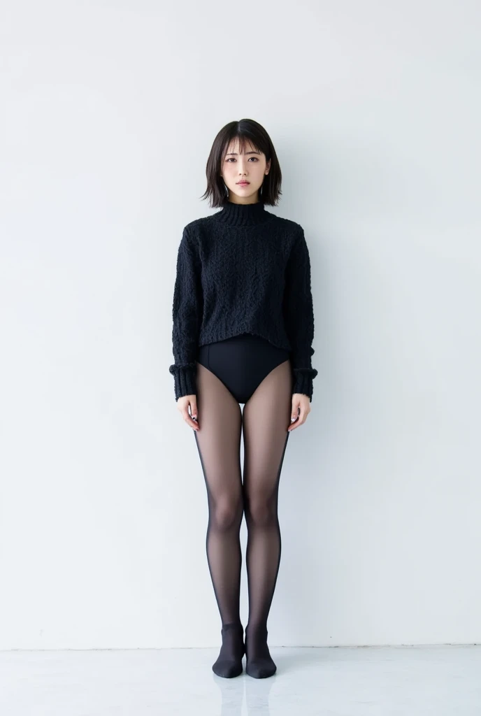 8k, RAW Photo, Best Quality, Masterpiece:1.2),(Realistic, photo-realistic:1.37), Super Detail, She is wearing transparent black long sleeve leggings, no pants, black pantyhose, tight fitting black long sleeve turtleneck, She is wearing black long sleeve leggings and black pantyhose.cinematic lighting, sexy pose, monotone background, facing front, full body
