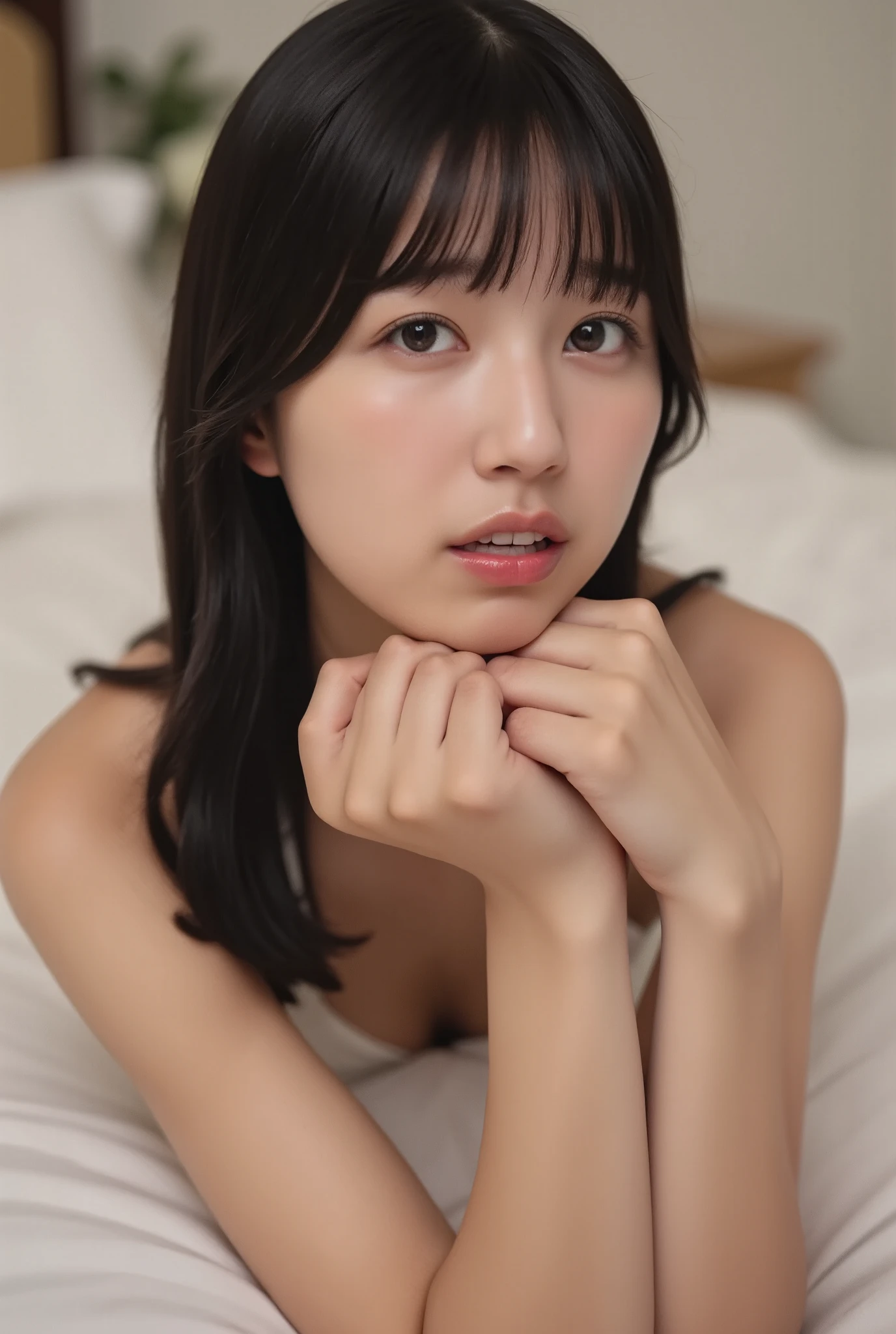 A high resolution photograph of a young Japanese woman, intricate details, professional lighting, sharp focus, solo, 1girl on stomach, lying on the bed in luxury hotel room at night, posing for gravure photography, sensual posture, after sex, (completely nude, naked, muscular back,:1.2), slender body, fair skin, detailed face, detailed eyes, sophisticated nose, ashamed, lewdlook, (perfect hand, perfect anatomy, correct anatomy), (back view, ass focus, twisted torso, facing viewer, view from above:1.4),