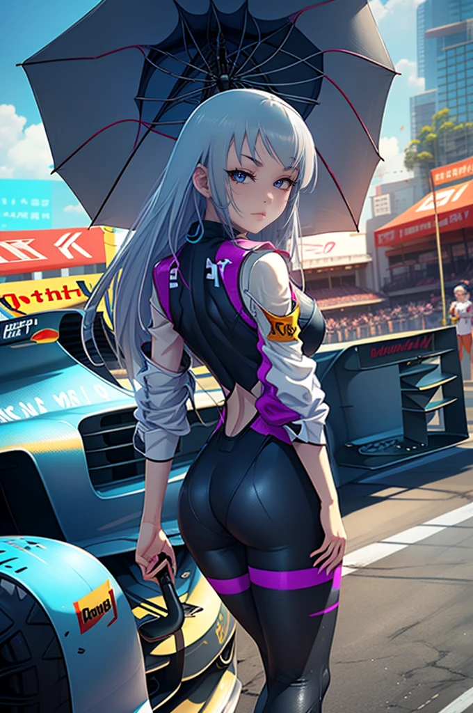 ,alone、Big BreaStS、、BeSt Quality、 detailed eyeS on board、、S、SleeveleSS、 、((((PURPLE　leotard))))　 T-back 、 high heelS、  、Shoulder、circuit、(Car racing track)) Race Queen、(((f1))、fi car racing venue、car、audience、 Woman Holding an Umbrella 、1 female、 Girl Standing in Front of a Car、 Race Queen、 、Hold an umbrella、White　Hair、 beautiful umbrella、perfect umbrella 、Big Breasts、 Whiteswimsuit、Rear view、Ass、袖なし