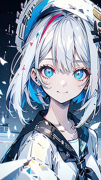 white hair and light blue hair, ahoge, shiny hair, floating hair, half updo, sailor hat, mole under eye, mismatched pupils, light smile, smile, anime, anime style, character chart, tachi-e, from above, UHD, retina, masterpiece, accurate, anatomically correct, super detail, high details, high quality, award winning, best quality, highres, 1080P, 16k,sailor hat is a hat worn by sailors. Also, a 's hat that imitates this. The top is flat and has no eaves, with a ribbon wrapped around the edge and the end hanging behind.She wears clothes called sailor uniforms, which are tops with distinctively shaped large collars called sailor collars. It is a military uniform for sailors and is used by the navies of various countries.she is on a large warship called a battleship, which has great offensive and defensive power.