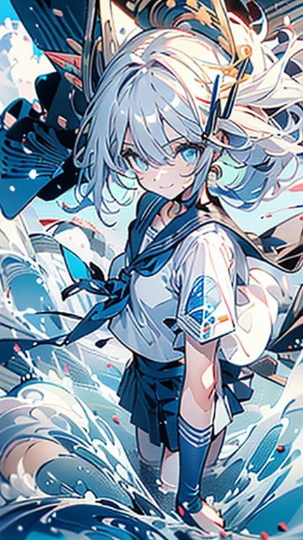 white hair and light blue hair, ahoge, shiny hair, floating hair, half updo, sailor hat, mole under eye, mismatched pupils, light smile, smile, anime, anime style, character chart, tachi-e, from above, UHD, retina, masterpiece, accurate, anatomically correct, super detail, high details, high quality, award winning, best quality, highres, 1080P, 16k,sailor hat is a hat worn by sailors. Also, a 's hat that imitates this. The top is flat and has no eaves, with a ribbon wrapped around the edge and the end hanging behind.She wears clothes called sailor uniforms, which are tops with distinctively shaped large collars called sailor collars. It is a military uniform for sailors and is used by the navies of various countries.she is on a large warship called a battleship, which has great offensive and defensive power.