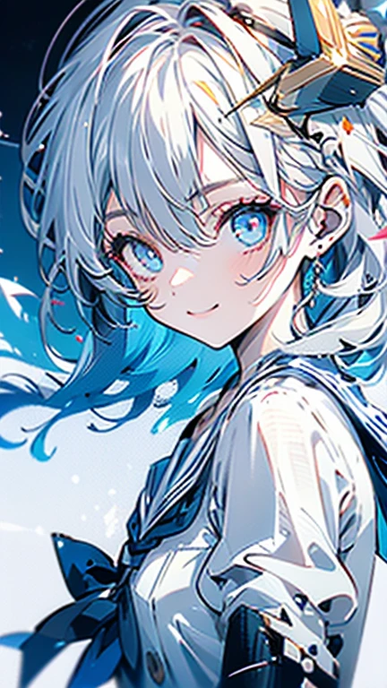 white hair and light blue hair, ahoge, shiny hair, floating hair, half updo, sailor hat, mole under eye, mismatched pupils, light smile, smile, anime, anime style, character chart, tachi-e, from above, UHD, retina, masterpiece, accurate, anatomically correct, super detail, high details, high quality, award winning, best quality, highres, 1080P, 16k,sailor hat is a hat worn by sailors. Also, a 's hat that imitates this. The top is flat and has no eaves, with a ribbon wrapped around the edge and the end hanging behind.She wears clothes called sailor uniforms, which are tops with distinctively shaped large collars called sailor collars. It is a military uniform for sailors and is used by the navies of various countries.she is on a large warship called a battleship, which has great offensive and defensive power.