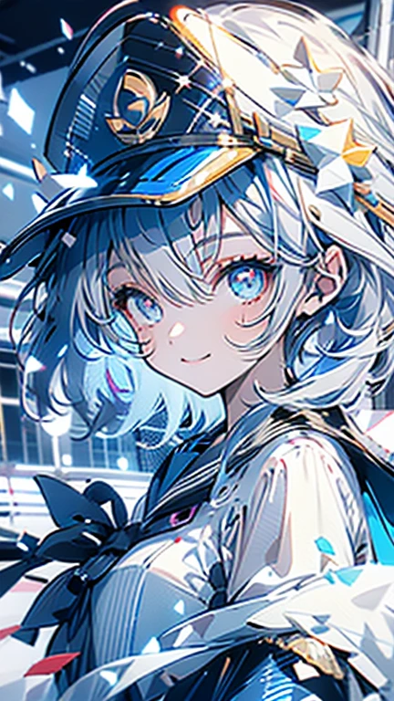 white hair and light blue hair, ahoge, shiny hair, floating hair, half updo, sailor hat, mole under eye, mismatched pupils, light smile, smile, anime, anime style, character chart, tachi-e, from above, UHD, retina, masterpiece, accurate, anatomically correct, super detail, high details, high quality, award winning, best quality, highres, 1080P, 16k,sailor hat is a hat worn by sailors. Also, a 's hat that imitates this. The top is flat and has no eaves, with a ribbon wrapped around the edge and the end hanging behind.She wears clothes called sailor uniforms, which are tops with distinctively shaped large collars called sailor collars. It is a military uniform for sailors and is used by the navies of various countries.she is on a large warship called a battleship, which has great offensive and defensive power.