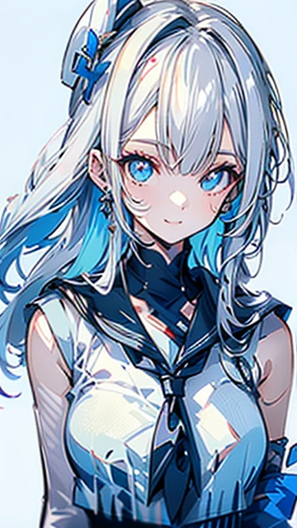 white hair and light blue hair, ahoge, shiny hair, floating hair, half updo, sailor hat, mole under eye, mismatched pupils, light smile, smile, anime, anime style, character chart, tachi-e, from above, UHD, retina, masterpiece, accurate, anatomically correct, super detail, high details, high quality, award winning, best quality, highres, 1080P, 16k,sailor hat is a hat worn by sailors. Also, a 's hat that imitates this. The top is flat and has no eaves, with a ribbon wrapped around the edge and the end hanging behind.She wears clothes called sailor uniforms, which are tops with distinctively shaped large collars called sailor collars. It is a military uniform for sailors and is used by the navies of various countries.she is on a large warship called a battleship, which has great offensive and defensive power.