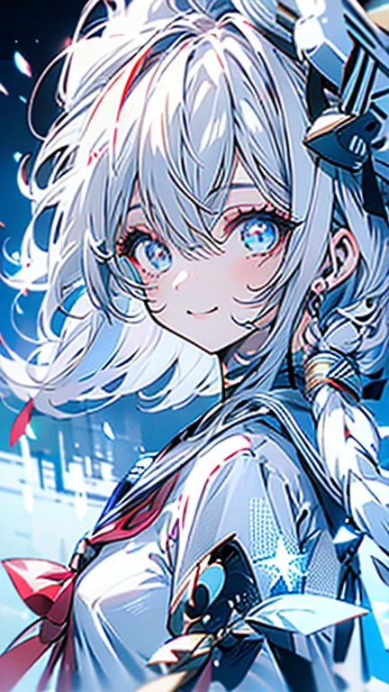 white hair and light blue hair, ahoge, shiny hair, floating hair, half updo, sailor hat, mole under eye, mismatched pupils, light smile, smile, anime, anime style, character chart, tachi-e, from above, UHD, retina, masterpiece, accurate, anatomically correct, super detail, high details, high quality, award winning, best quality, highres, 1080P, 16k,sailor hat is a hat worn by sailors. Also, a 's hat that imitates this. The top is flat and has no eaves, with a ribbon wrapped around the edge and the end hanging behind.She wears clothes called sailor uniforms, which are tops with distinctively shaped large collars called sailor collars. It is a military uniform for sailors and is used by the navies of various countries.she is on a large warship called a battleship, which has great offensive and defensive power.