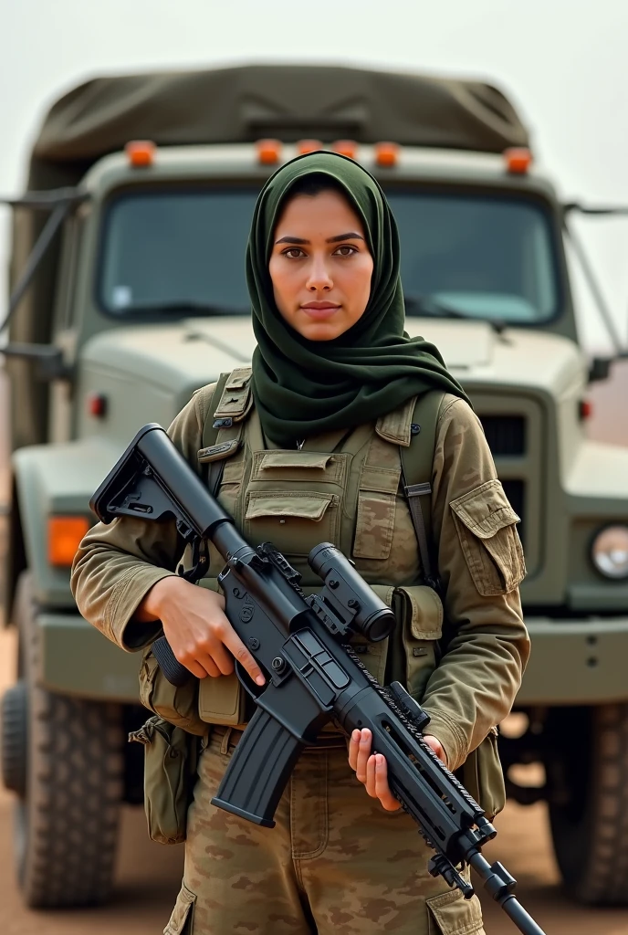 Hyper realistic photo of a very beautiful Palestinian woman wearing a hijab in army clothing holding a weapon against the background of a building that collapsed due to a bomb. The photo is very clear and finely detailed