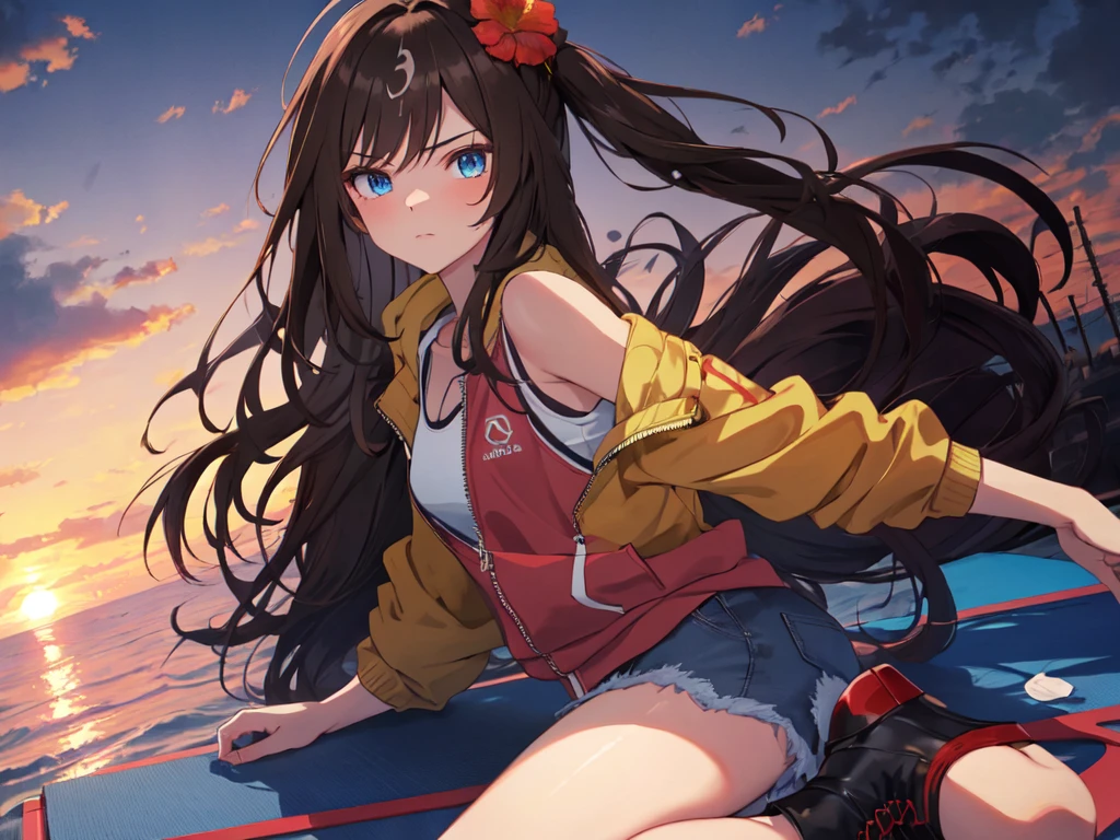 solo, one girl, human ear, (blue eyes), (short height, flat chest), (vertical rolls, vertical rolls, long hair, hair tied at the back of the head with a big red ribbon, flower hair ornament in front), (serious face), (lying on back on floating mat), (denim shorts, boots, sweatshirt, vest), (sunset sky, evening sun, evening sky, beachside), (chest centered, tilted angle), (high resolution, masterpiece, accurate, anatomically correct, multiple awards, top quality, detail, high quality model, high detail, high quality, quality, retina, highly detailed, textured skin, ultra high definition)