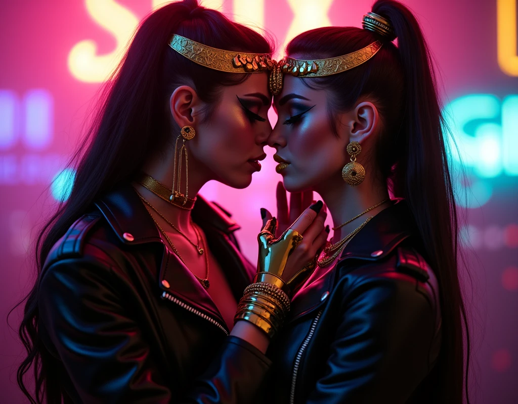 Sensuality and mystery: (duas lindas mulheres, loiras olhos azuis e seios grandes, Corpo todo, Roupas transparentes, vista de frente, com uma bunda redonda, Nua, sem roupa, Elas se beijam apaixonadamente, kiss from tongue to tongue, they are lying on a big round bed, ((red silk sheet, Egyptian)), ((blue neon nightclub lighting)), Nixeu e Sakimichan, Serafim Ahri KDA, lesbian kiss, inspirado em Tim e Greg Hildebrandt, Nick Silva é Ilya Kuvshinov, inspirado em Vincent Lefevre, Sakimichan e Frank Franzzeta, 8K sensual lighting), Post-apocalyptic,), H. R. Estilo Giger, gothic darkness, Invisible infrared), alto contraste, mystic (profundidade), detalhes hiperornados), Kinetic lines and curves,