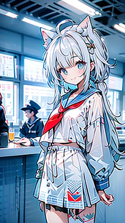 white hair and light blue hair, ahoge, shiny hair, floating hair, half updo, sailor hat, mole under eye, mismatched pupils, light smile, smile, anime, anime style, character chart, tachi-e, from above, UHD, retina, masterpiece, accurate, anatomically correct, super detail, high details, high quality, award winning, best quality, highres, 1080P, 16k,sailor hat is a hat worn by sailors. Also, a 's hat that imitates this. The top is flat and has no eaves, with a ribbon wrapped around the edge and the end hanging behind.She wears clothes called sailor uniforms, which are tops with distinctively shaped large collars called sailor collars. It is a military uniform for sailors and is used by the navies of various countries.she is on a large warship called a battleship, which has great offensive and defensive power.