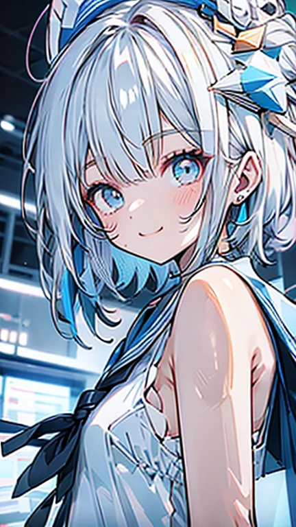 white hair and light blue hair, ahoge, shiny hair, floating hair, half updo, sailor hat, mole under eye, mismatched pupils, light smile, smile, anime, anime style, character chart, tachi-e, from above, UHD, retina, masterpiece, accurate, anatomically correct, super detail, high details, high quality, award winning, best quality, highres, 1080P, 16k,sailor hat is a hat worn by sailors. Also, a 's hat that imitates this. The top is flat and has no eaves, with a ribbon wrapped around the edge and the end hanging behind.She wears clothes called sailor uniforms, which are tops with distinctively shaped large collars called sailor collars. It is a military uniform for sailors and is used by the navies of various countries.she is on a large warship called a battleship, which has great offensive and defensive power.