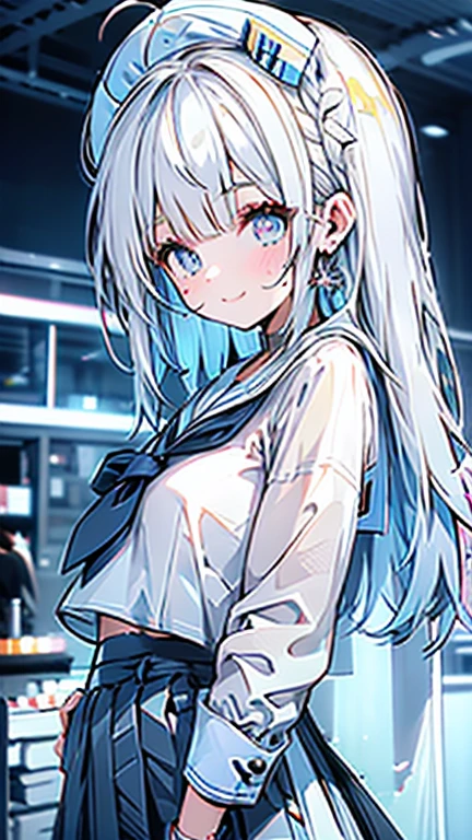 white hair and light blue hair, ahoge, shiny hair, floating hair, half updo, sailor hat, mole under eye, mismatched pupils, light smile, smile, anime, anime style, character chart, tachi-e, from above, UHD, retina, masterpiece, accurate, anatomically correct, super detail, high details, high quality, award winning, best quality, highres, 1080P, 16k,sailor hat is a hat worn by sailors. Also, a 's hat that imitates this. The top is flat and has no eaves, with a ribbon wrapped around the edge and the end hanging behind.She wears clothes called sailor uniforms, which are tops with distinctively shaped large collars called sailor collars. It is a military uniform for sailors and is used by the navies of various countries.she is on a large warship called a battleship, which has great offensive and defensive power.