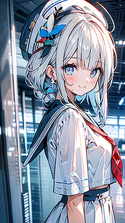 white hair and light blue hair, ahoge, shiny hair, floating hair, half updo, sailor hat, mole under eye, mismatched pupils, light smile, smile, anime, anime style, character chart, tachi-e, from above, UHD, retina, masterpiece, accurate, anatomically correct, super detail, high details, high quality, award winning, best quality, highres, 1080P, 16k,sailor hat is a hat worn by sailors. Also, a 's hat that imitates this. The top is flat and has no eaves, with a ribbon wrapped around the edge and the end hanging behind.She wears clothes called sailor uniforms, which are tops with distinctively shaped large collars called sailor collars. It is a military uniform for sailors and is used by the navies of various countries.she is on a large warship called a battleship, which has great offensive and defensive power.