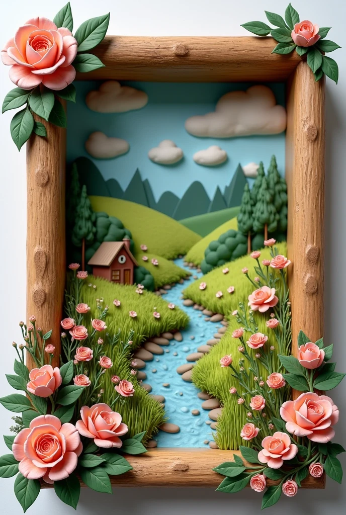 photorealistic diorama of pastoral ydill made  from clay on a floral decorated rectangular wooden frame